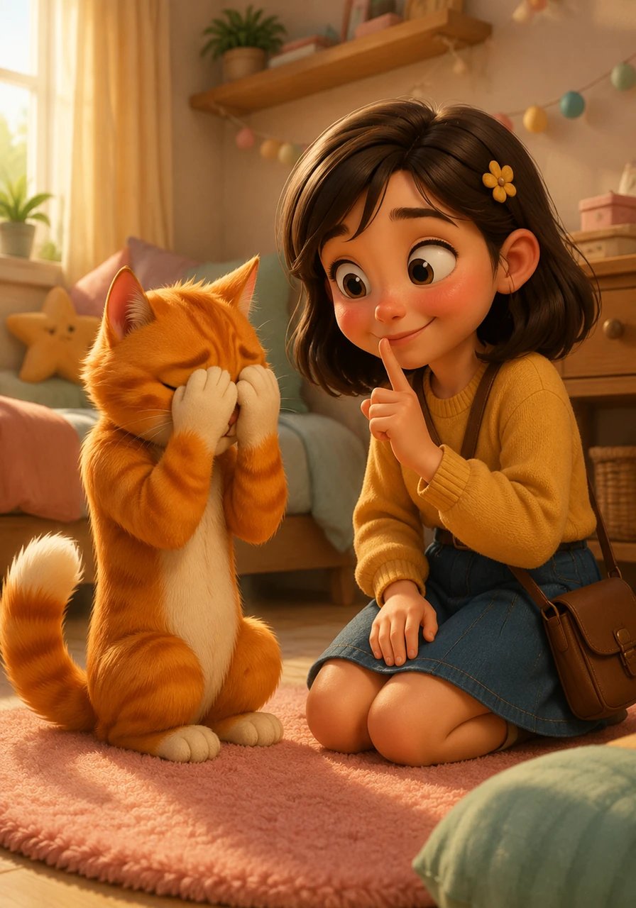 Before saying goodbye, the ginger cat begs Mara not to say a single word to her older sister Lola about their arrangement. He covers his face in embarrassment, and Mara giggles, promising to keep their little afternoon operation a total secret.