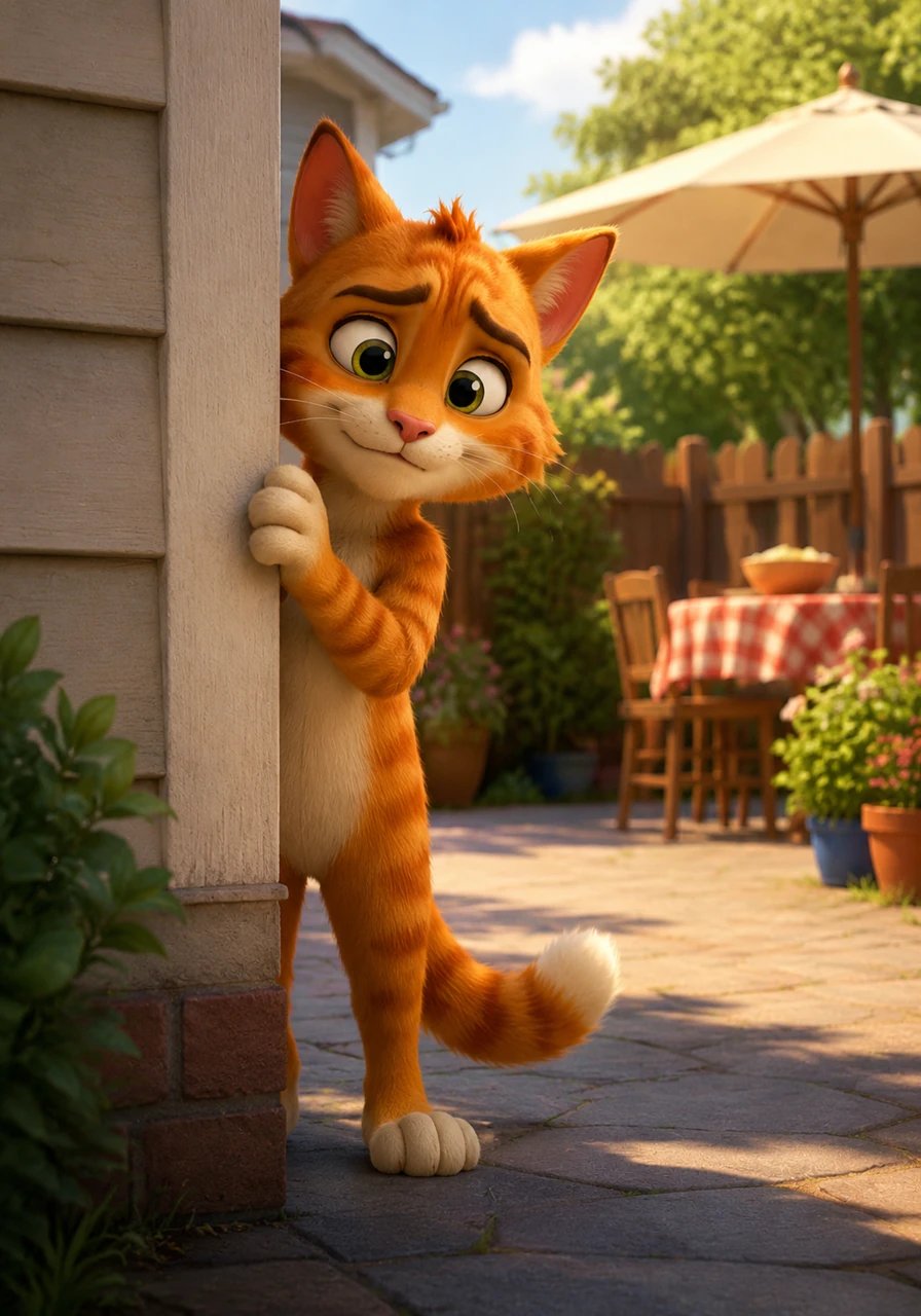 The next day arrives in the blink of an eye, and the ginger cat stands nervously at the corner of the house just as lunch begins. He takes a deep breath and tells himself that today is the day he must be brave.
