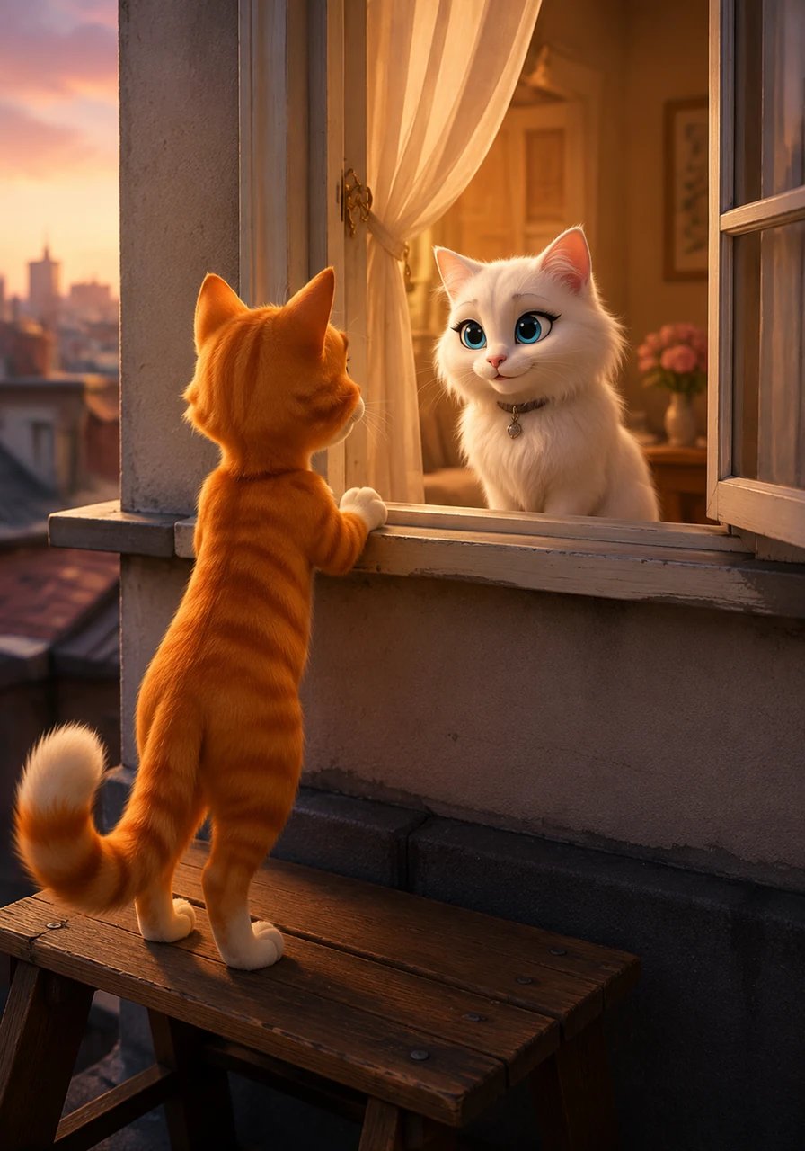 The brave neighbor cat climbs onto the roof and carefully steps up onto a wooden bench that Mara thoughtfully left out for him. Peering into the open room, he finally sees Fresa, a stunning white cat with bright blue eyes and perfectly groomed fur.
