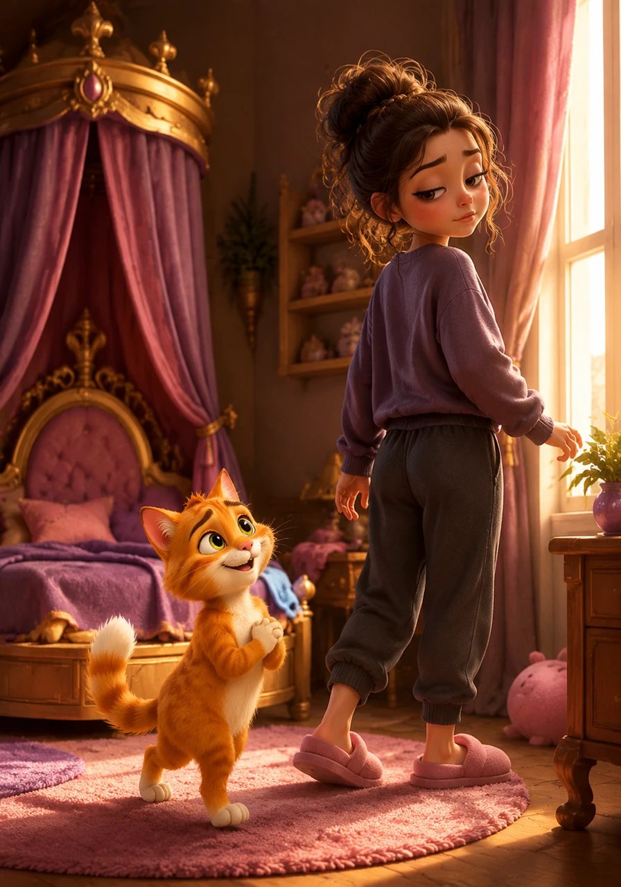Fresa rises from her bed, which looks just like a tiny royal altar, and walks gracefully toward the window to see her visitor. The ginger cat shakes away his nerves, steps forward, and tells her how absolutely beautiful she looks today.