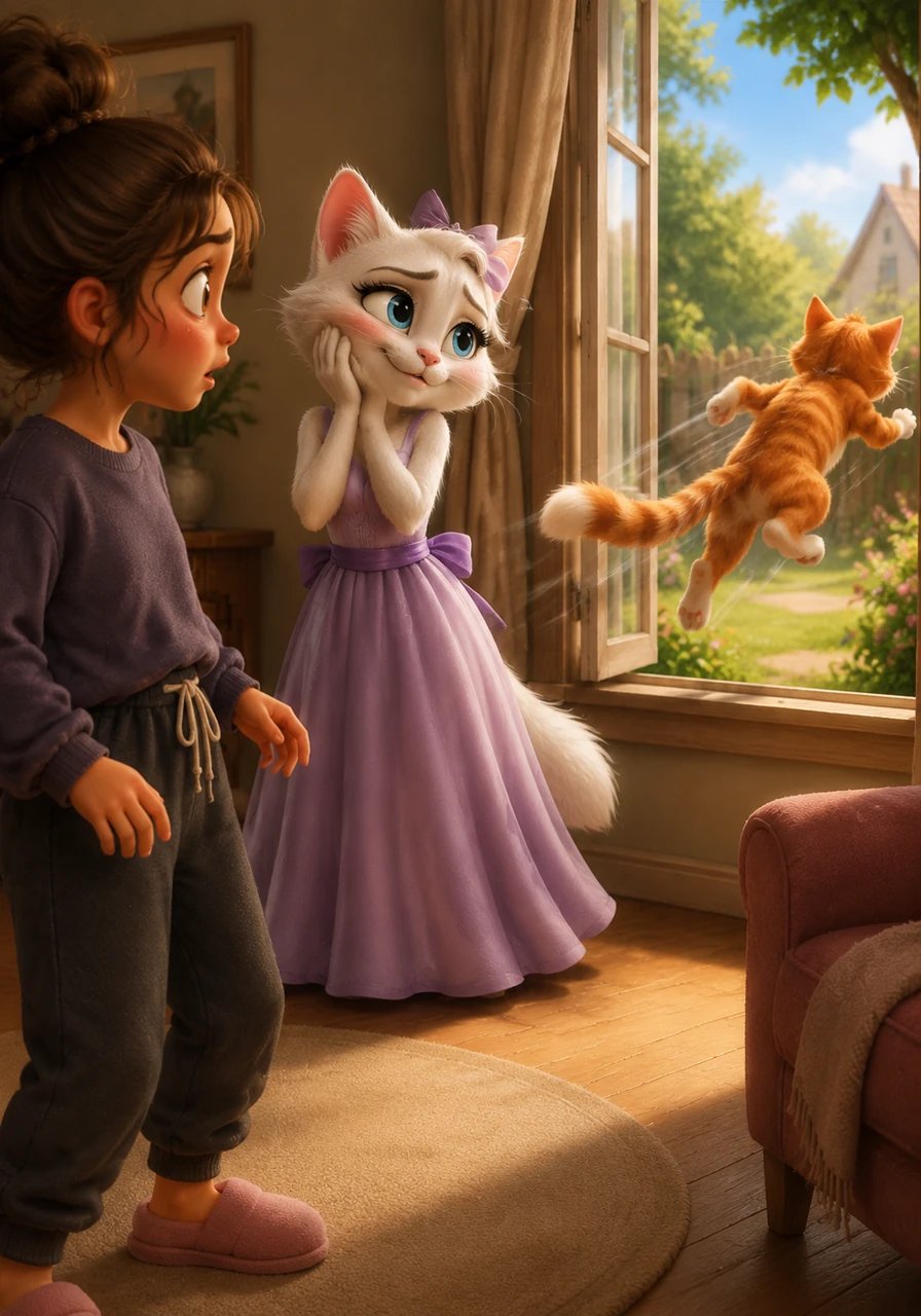 Fresa is instantly charmed by the ginger cat's elegant manners and sweet words, but their romantic moment is cut short when Lola suddenly walks into the room. The startled neighbor cat quickly leaps away and dashes off into the yard, leaving Fresa captivated.