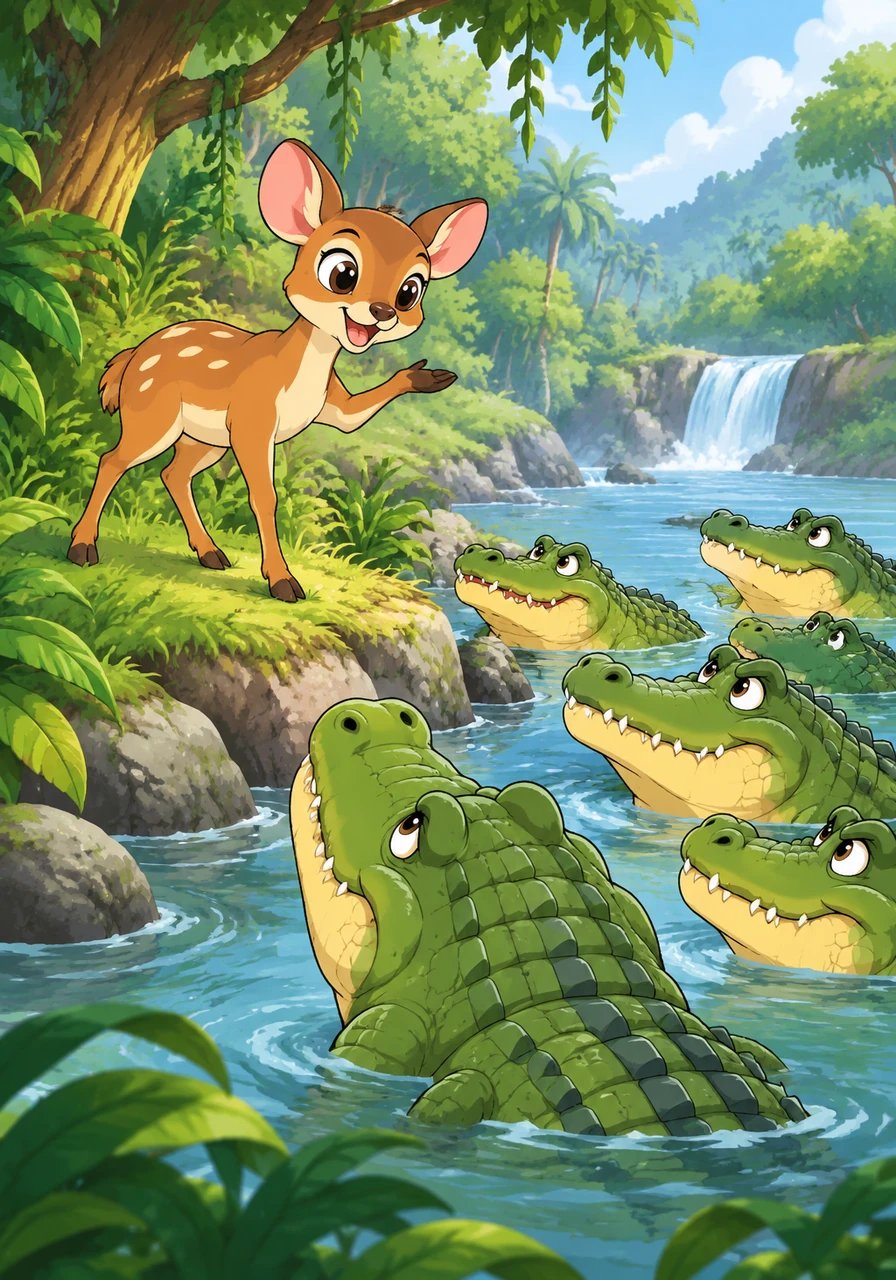 Kancil berbohong dengan cerdik bahwa Raja Hutan mengadakan pesta besar dan ingin membagikan daging segar kepada seluruh buaya. Kancil bertugas menghitung jumlah buaya di sungai agar pembagian daging bisa adil.