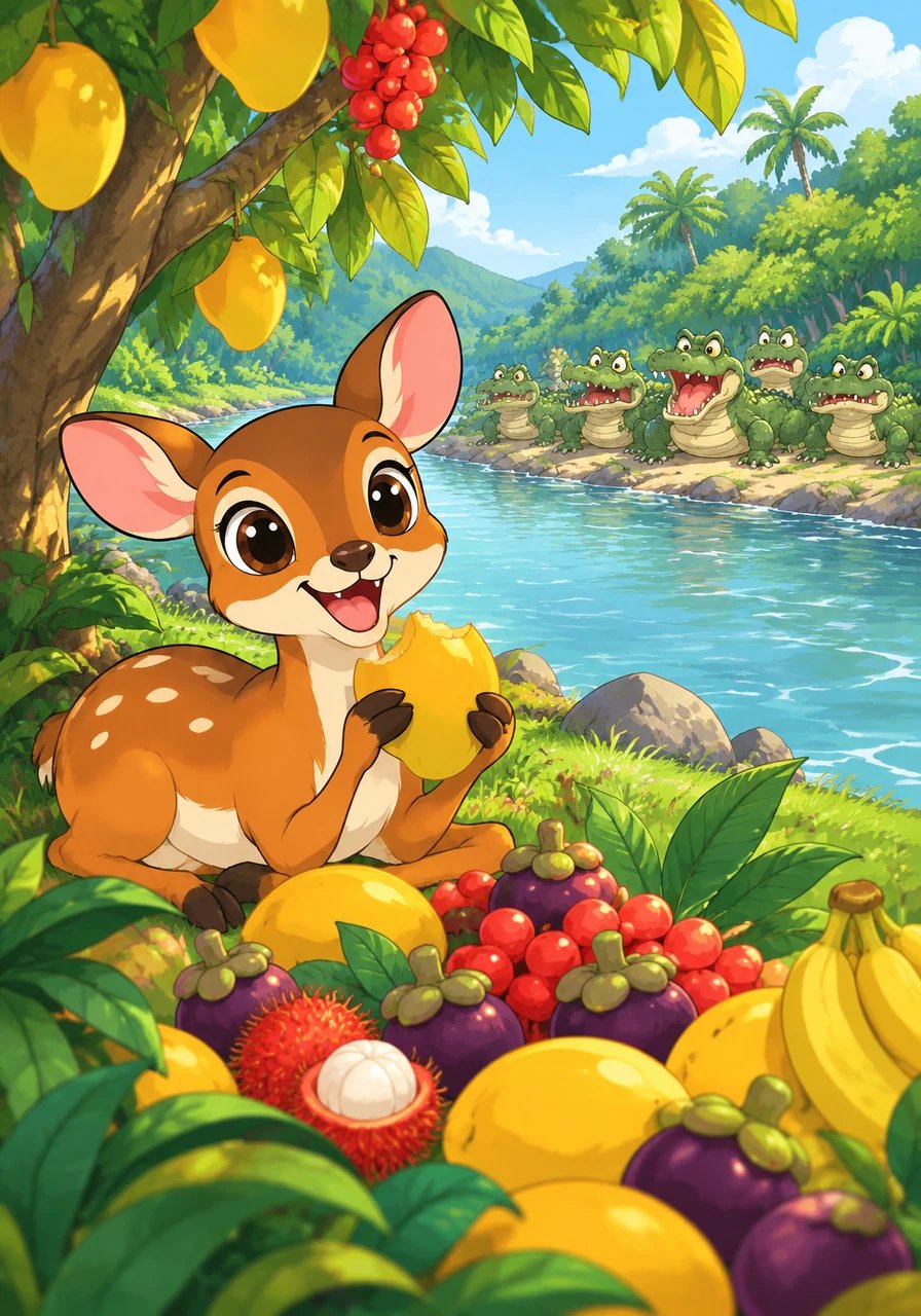 Para buaya terkejut dan sadar bahwa mereka telah diperdaya, namun Kancil sudah berlari gembira menuju kebun buah. Kancil pun menikmati buah-buahan yang manis dan segar dengan hati penuh syukur.