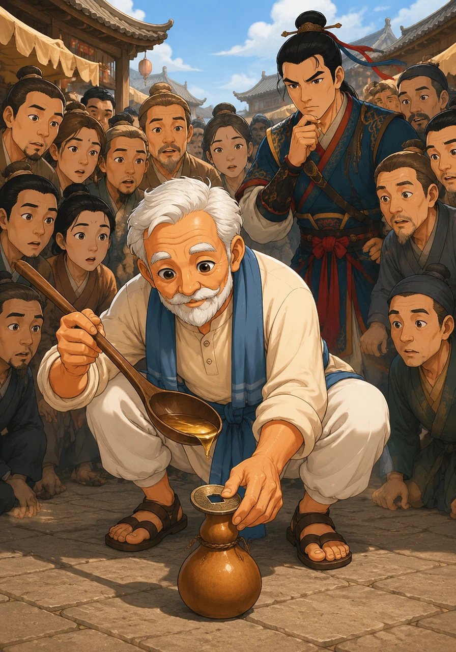 老翁在地上放了一個葫蘆,並在葫蘆口上放了一枚帶孔的銅錢。他神情專注,拿起油勺,準備向葫蘆裡灌油。周圍的民眾都好奇地圍過來,陳康肅公也屏住呼吸,注視著老翁的一舉一動。