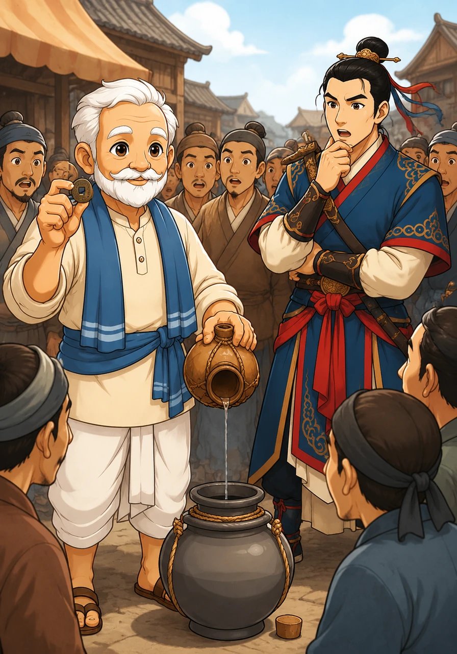老翁把葫蘆灌滿油後,拿起銅錢向大家展示。銅錢的中間依然乾乾淨淨,沒有沾上一滴油。老翁微笑著對陳康肅公說:“我這也沒有什麼特別的,只不過是手熟罷了。”
