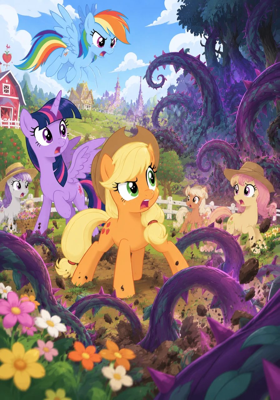 On a sunny afternoon in Ponyville, Lily Valley, Daisy Bell, and Roseluck were tending to their prized blossom beds. Suddenly, thick purple vines burst from the soil at the edge of the Everfree Forest, slithering past Sweet Apple Acres with alarming speed.
