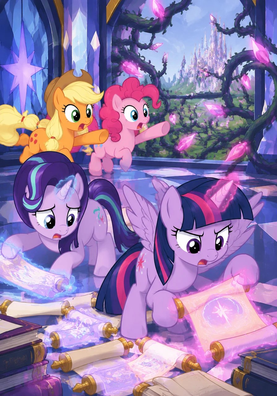 Inside the Castle of Friendship, Twilight Sparkle and Starlight Glimmer frantically flipped through glowing scrolls while Applejack and Pinkie Pie brought news of the sudden overgrowth. The strange vines were consuming the landscape, sprouting glowing pink buds that hummed with mysterious magic.
