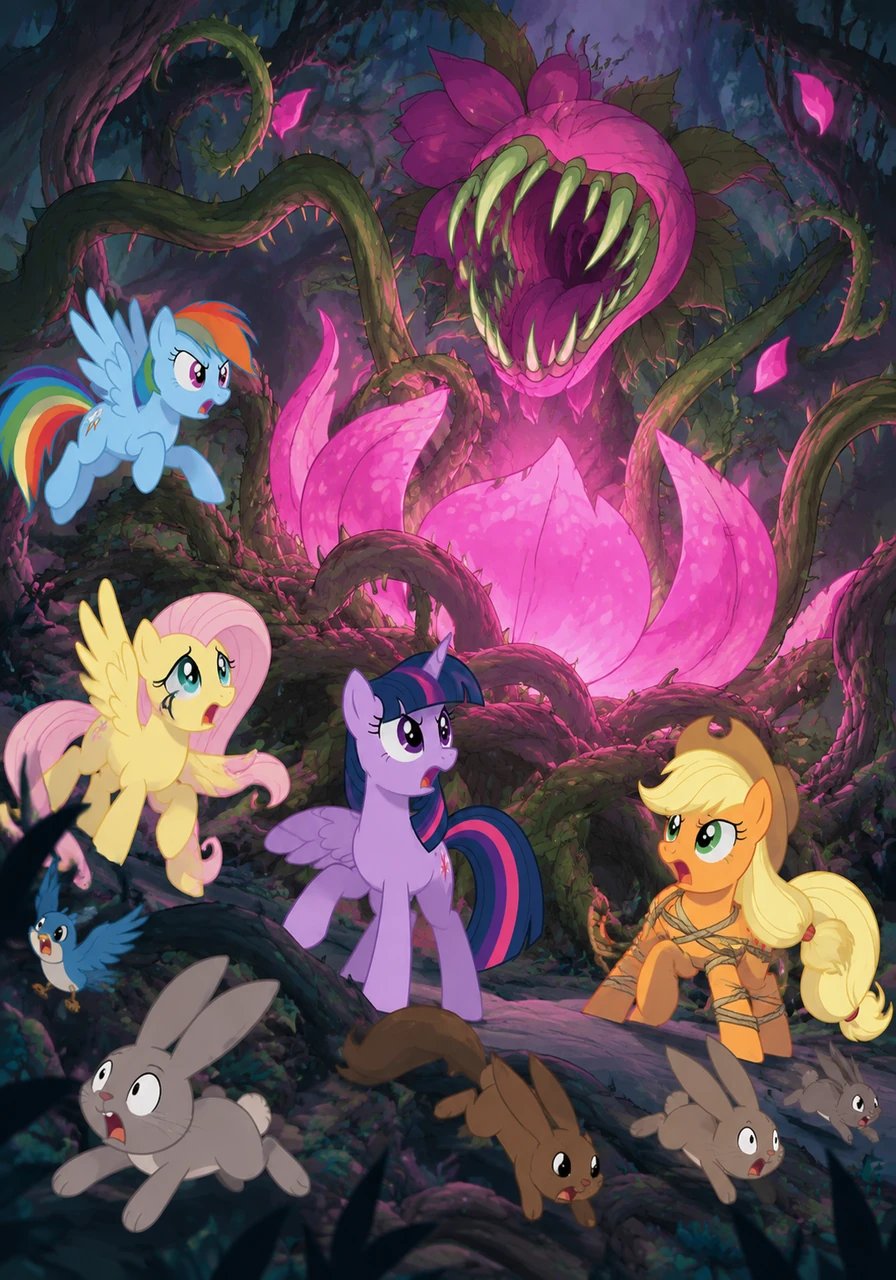 Deep in the heart of the Everfree Forest, Fluttershy noticed critters fleeing in terror from a massive pink bulb resting amidst tangled roots. The monstrous bulb vibrated with ancient power, slowly opening to reveal the formidable floral titan known as Plantera.