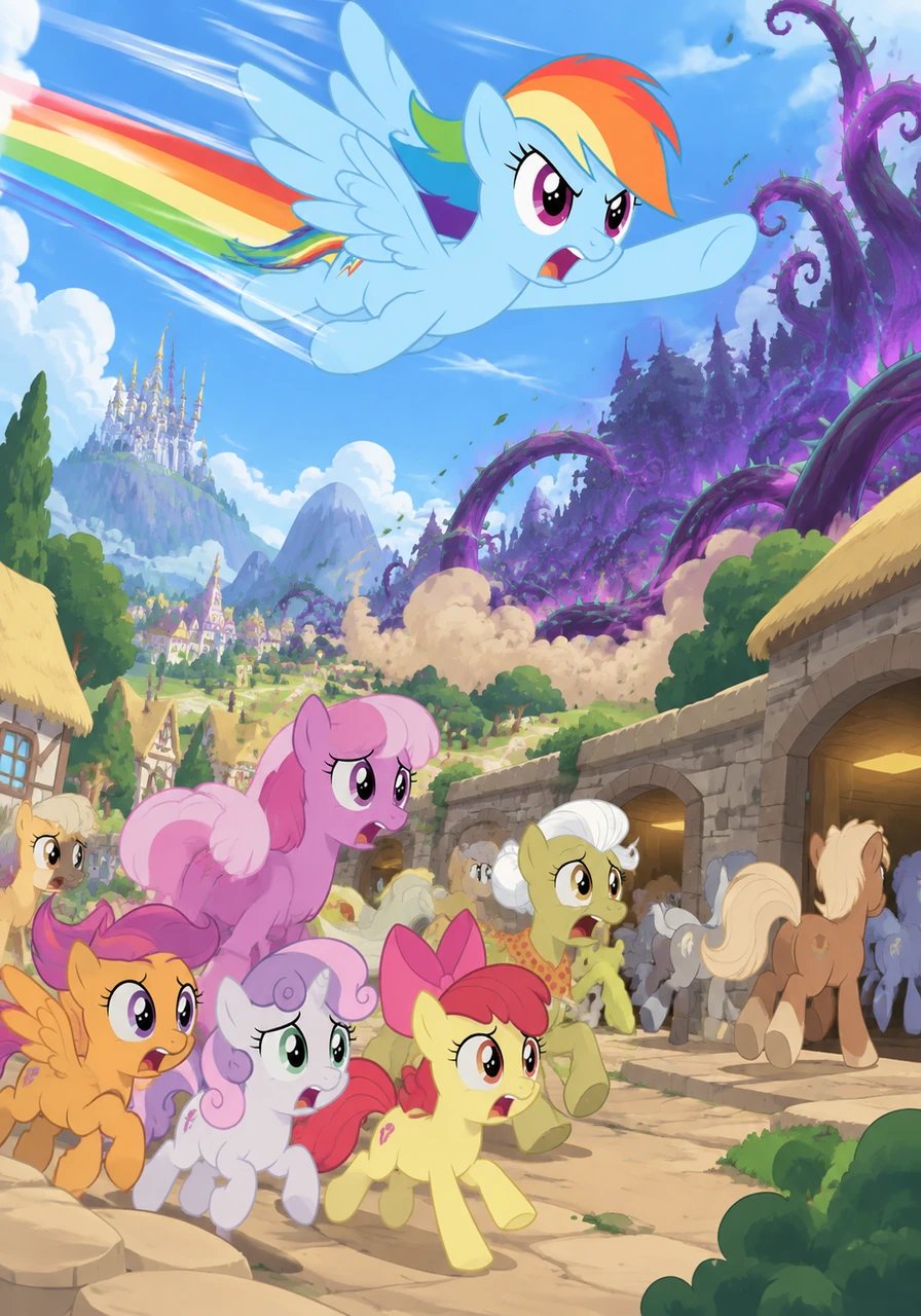 Rainbow Dash soared into the stratosphere to sound the alarm across Equestria, carrying urgent messages to Princess Celestia, Princess Luna, and the Crystal Empire. Meanwhile, the Cutie Mark Crusaders, Cheerilee, and Granny Smith helped guide frightened villagers to safe shelter.