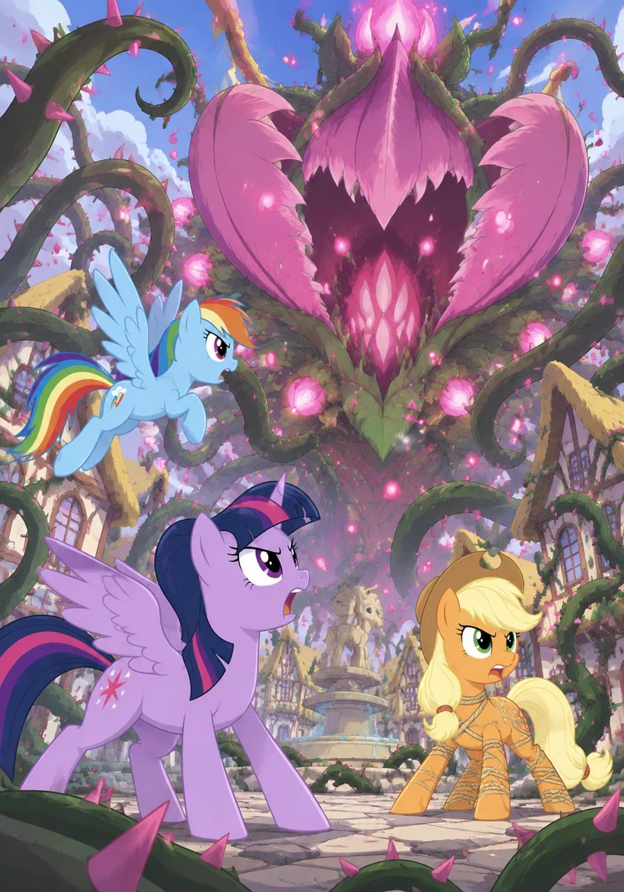 With a thunderous rumble, Plantera bloomed into its fierce second form, spreading giant razor petals and unleashing swarms of sharp botanical spores. Toxic tendrils wrapped around the rooftops of Ponyville as giant glowing bulbs shadowed the town square.