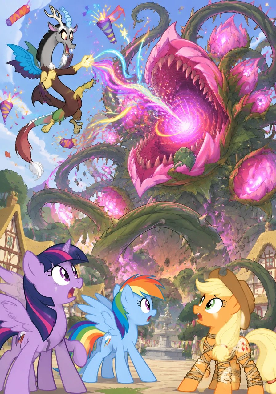 Discord materialized in a burst of party poppers to strike down the overgrown giant with chaos magic, but Plantera unexpectedly absorbed his wild spells, growing even larger and angrier. Twilight realized that brute force and chaos would not save them from nature's wrath.