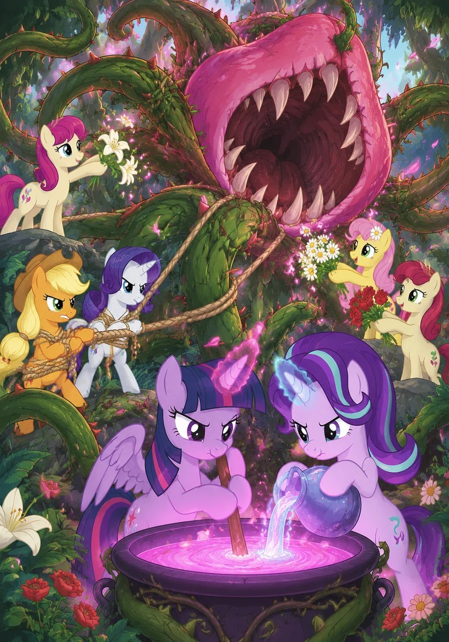 Lily Valley, Daisy Bell, and Roseluck stepped forward with key botanical knowledge, explaining how rare soothing blossoms could calm Plantera's rage. While Rarity and Applejack used strong silk ropes to hold back the thumping vines, Twilight and Starlight began mixing a giant counter-potion.