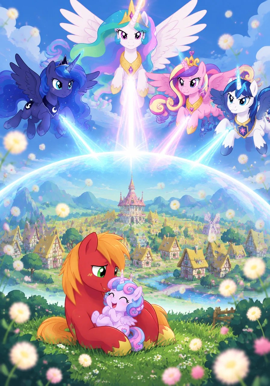 High above the town, Princess Celestia, Princess Luna, Princess Cadance, and Shining Armor created a shimmering magical barrier over Ponyville. Safe inside the dome, Flurry Heart giggled softly as Big Mac held her steady, protected from the falling floral spores.