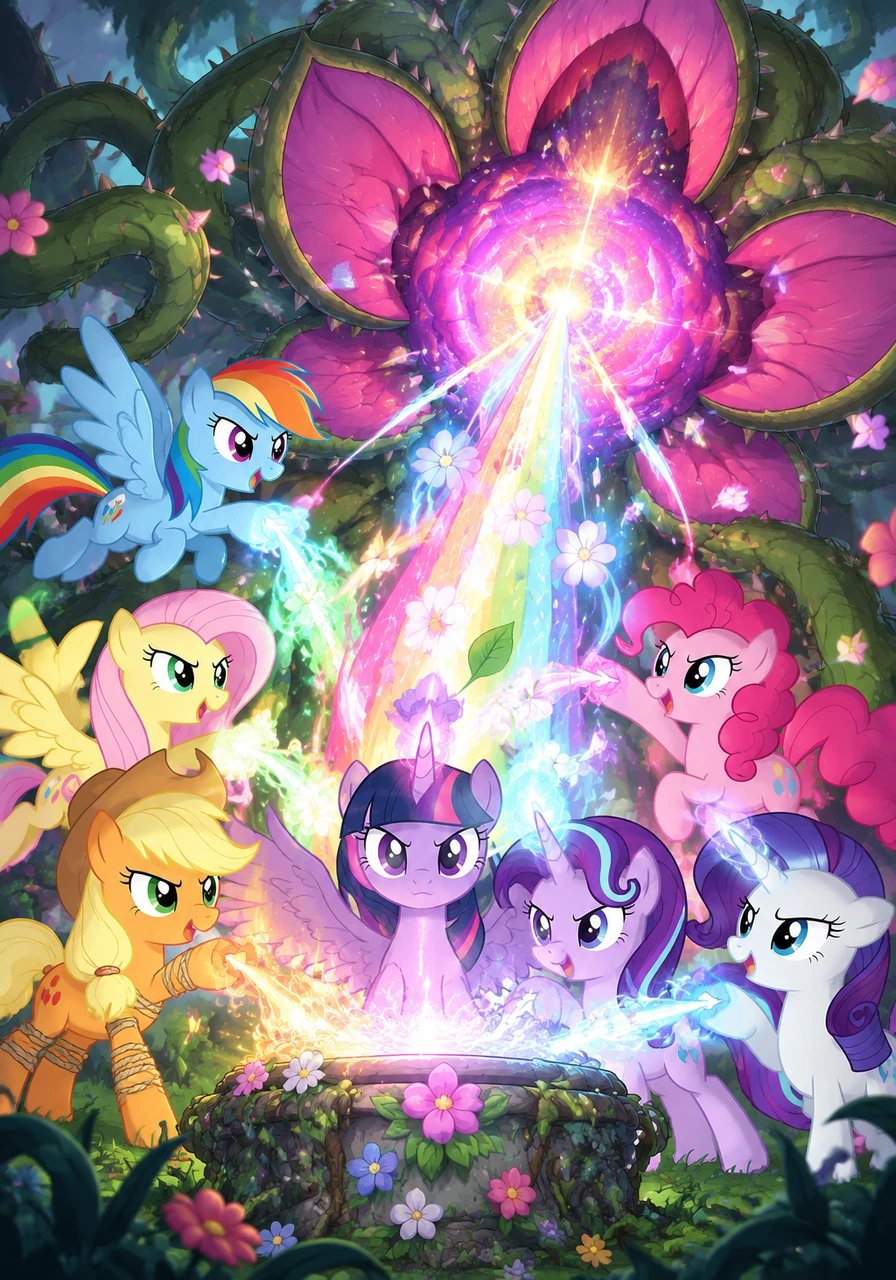 Twilight Sparkle, Rainbow Dash, Pinkie Pie, Fluttershy, Applejack, Rarity, and Starlight Glimmer gathered together, channeling their magical bond of friendship directly into the botanical potion. They launched a brilliant beam of rainbow light and soothing flower dew straight into Plantera's central core.
