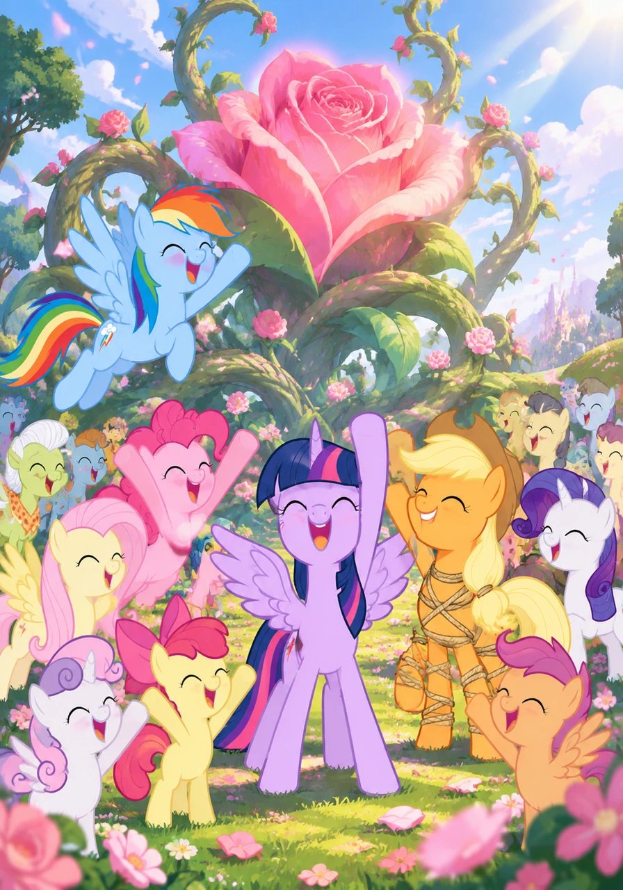 The wild vines instantly softened, and Plantera transformed into a peaceful, magnificent giant rose that settled harmlessly in a sunny meadow. Ponies of all ages cheered together under a bright blue sky, celebrating a glorious victory born of courage, wisdom, and friendship.