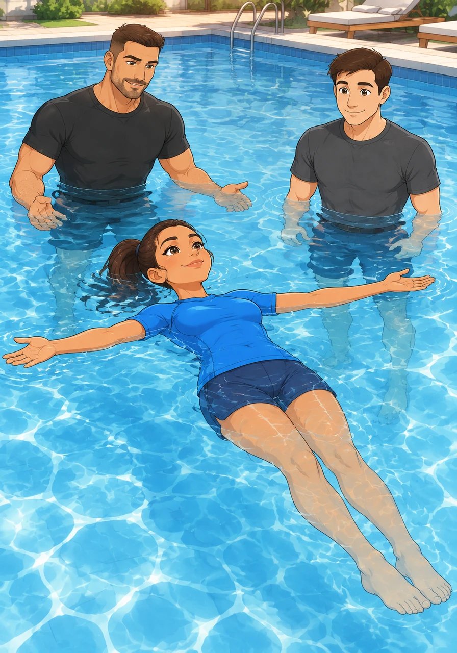 Water is a dense fluid composed of molecules that exert fluid pressure and upward force on immersed objects. When an object enters water, it displaces a volume of fluid equal to its own mass, creating an upward force known as buoyancy. Elena learns that the human body naturally floats when the lungs hold air and muscle tension is released.
