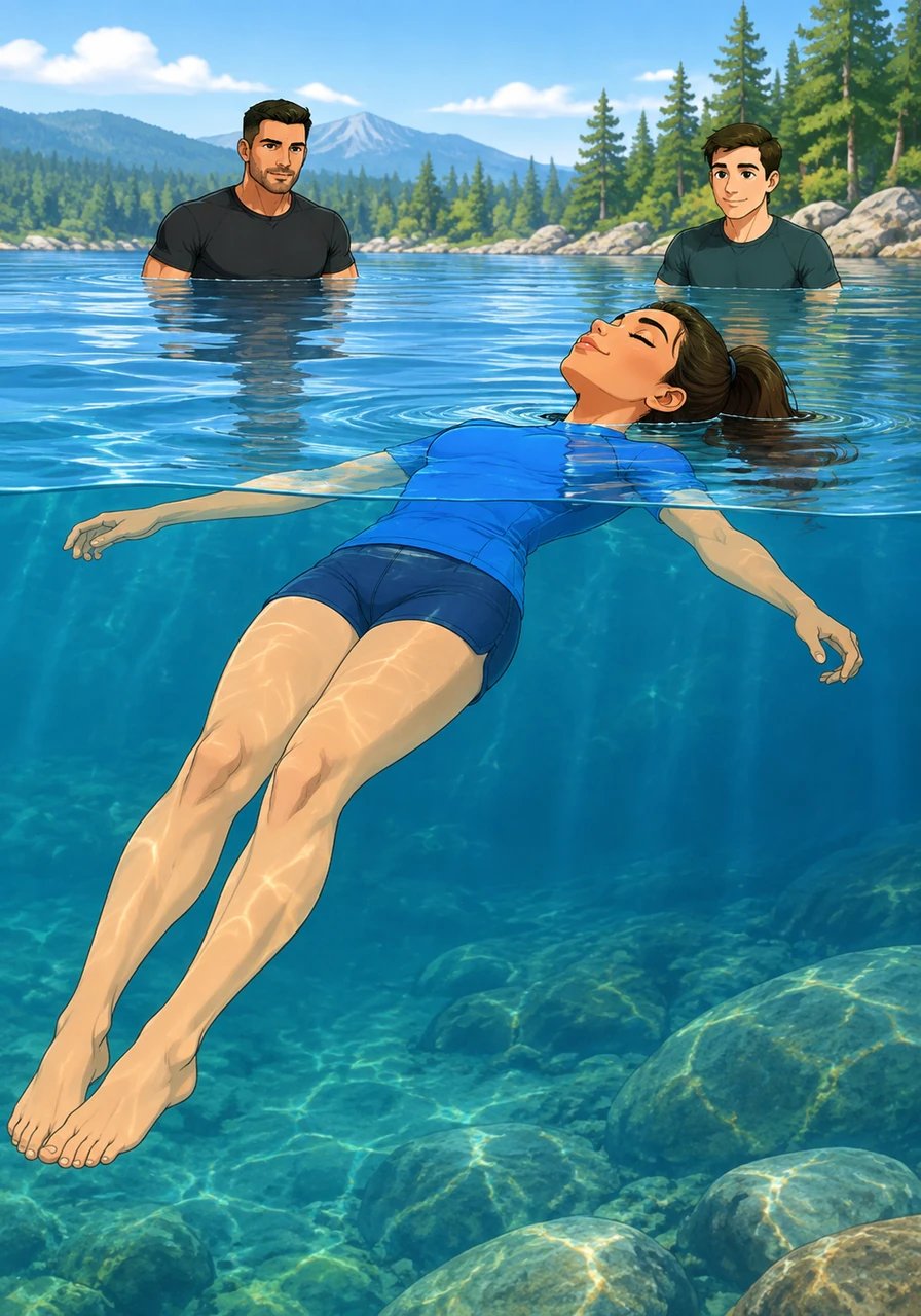 Floating is not an act of intense effort, but a state of dynamic equilibrium between body density and water displacement. By trusting the air within her lungs and keeping her neck relaxed, Elena experiences how the body naturally rests near the surface. Relaxation lowers overall tension, making effortless floating an attainable reality.