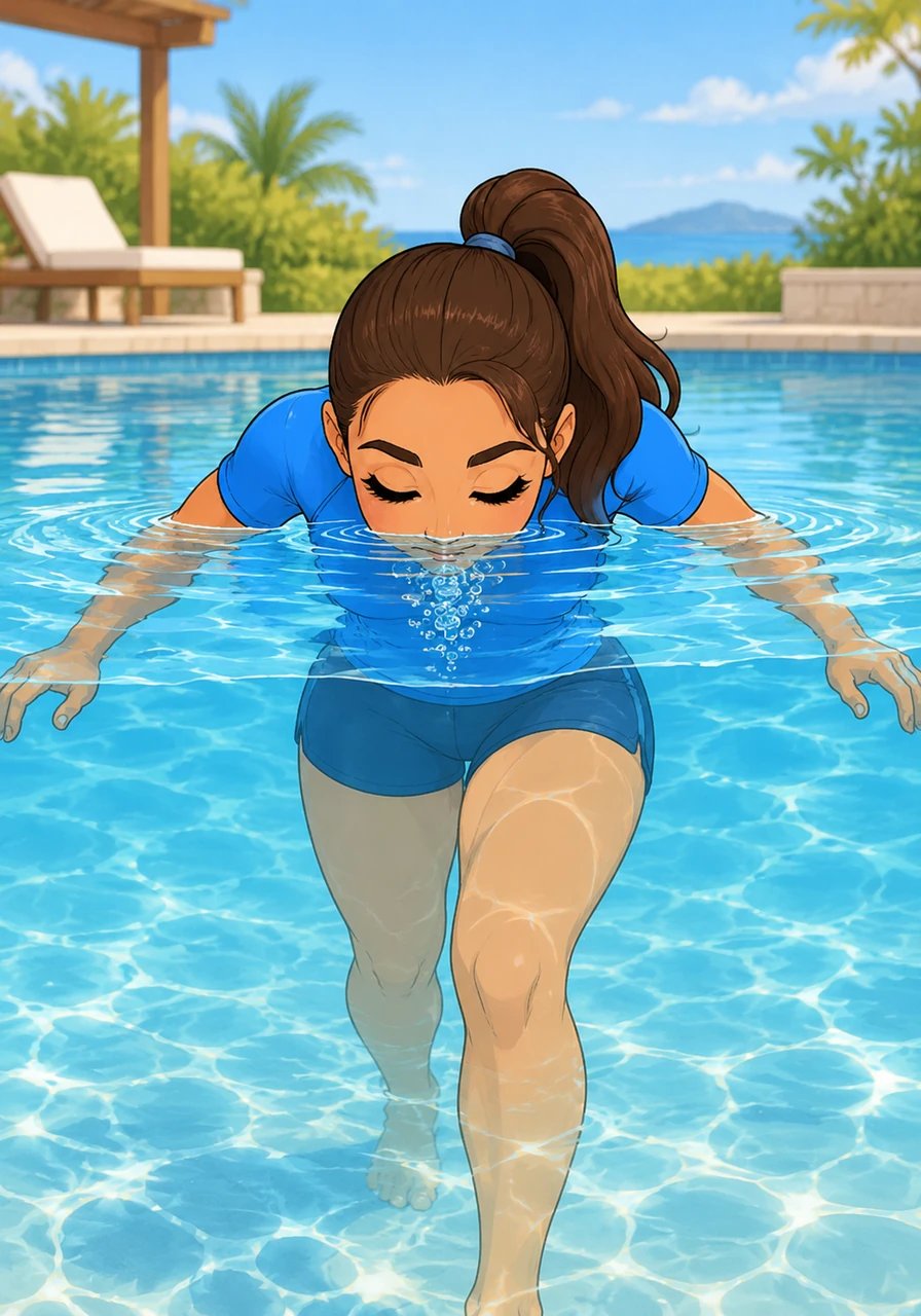 Stepping into shallow water with a newfound knowledge of fluid dynamics, Elena feels entirely in control of her breath and posture. She practices slow rhythmic breathing, exhaling gently beneath the surface and inhaling calmly above it. Every movement feels grounded in science rather than fear, turning uncertainty into calm familiarity.
