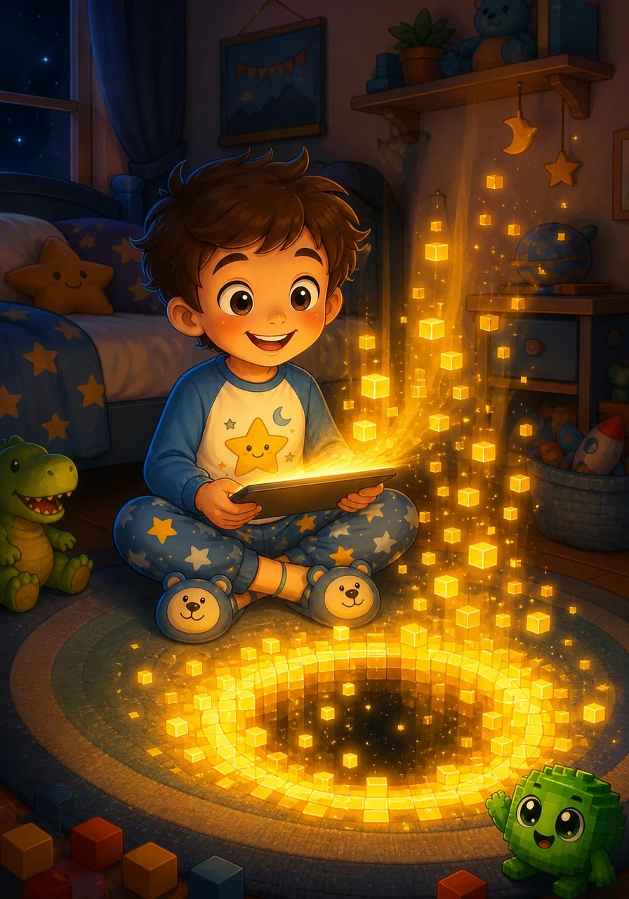 Alors que Léo termine sa dernière partie de jeu vidéo avant de dormir, sa tablette se met à clignoter d'une lumière dorée étincelante. Soudain, un véritable portail composé de petits carrés lumineux s'ouvre au-dessus du tapis de sa chambre.