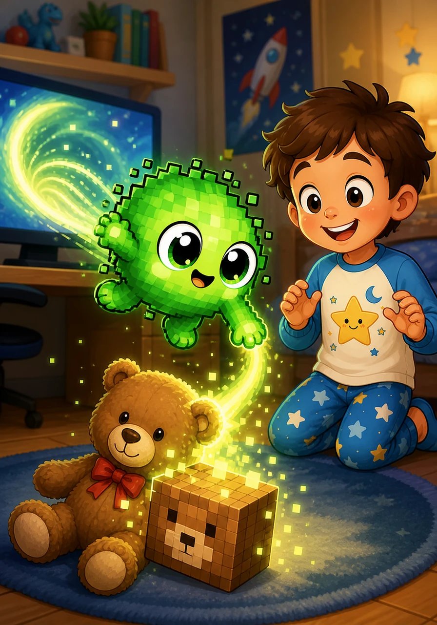 Une petite créature ronde et verte faite de pixels saute hors de l'écran avec un bruit rigolo. D'un simple coup de patte magique, le petit monstre touche le doudou préféré de Léo, le transformant aussitôt en un jouet carré et bloqué en huit bits.
