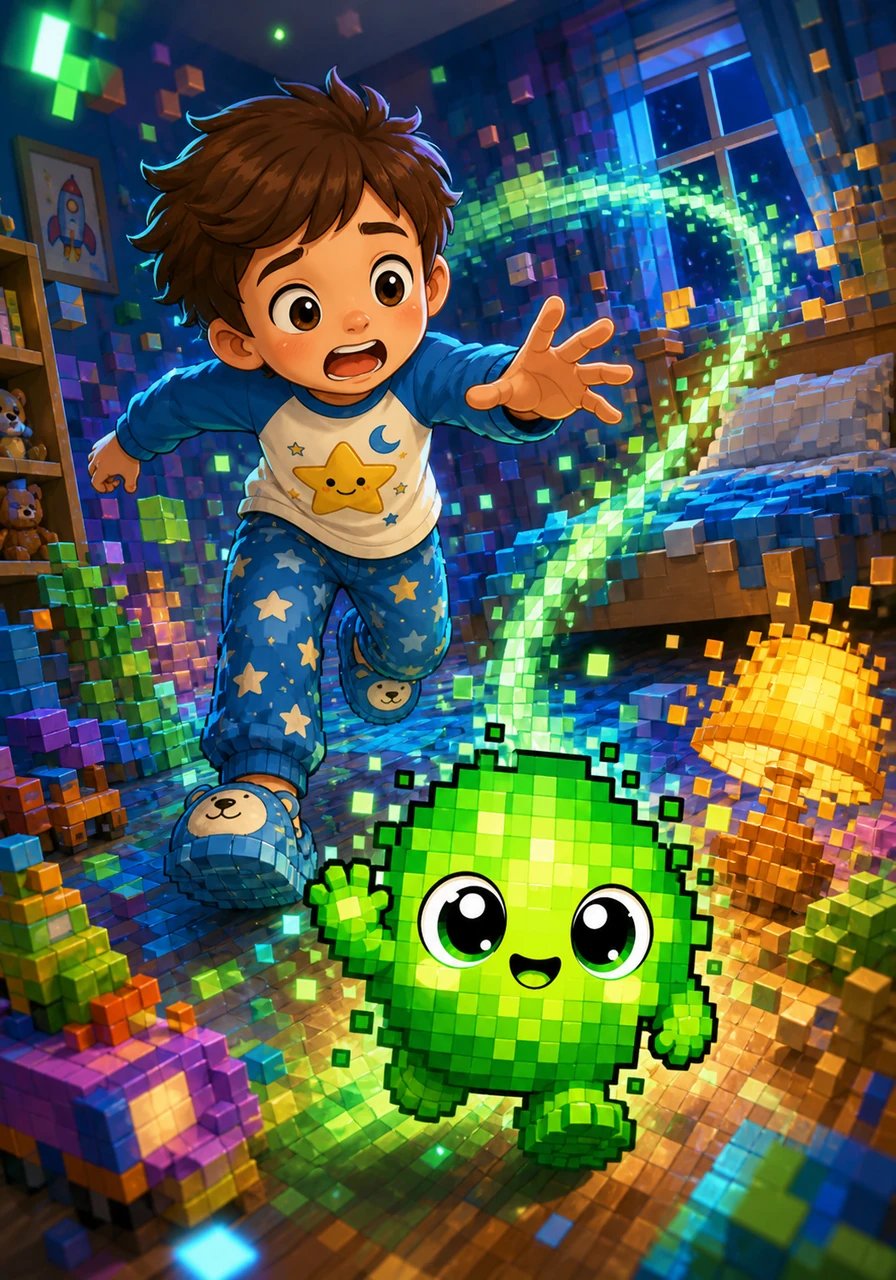 Le petit monstre pixélisé commence à bondir partout dans la pièce, transformant la lampe, les chaussons et le lit en blocs de jeu vidéo. Léo comprend immédiatement qu'il doit vite l'arrêter avant que toute la maison ne devienne un paysage virtuel.