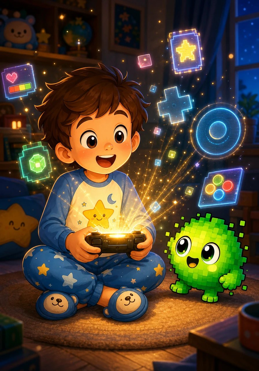 Léo attrape sa manette de jeu qui s'illumine comme une vraie baguette magique entre ses mains. Une barre de vie et des boutons virtuels apparaissent dans l'air sous ses yeux émerveillés, lui indiquant qu'il est temps de jouer pour de vrai.