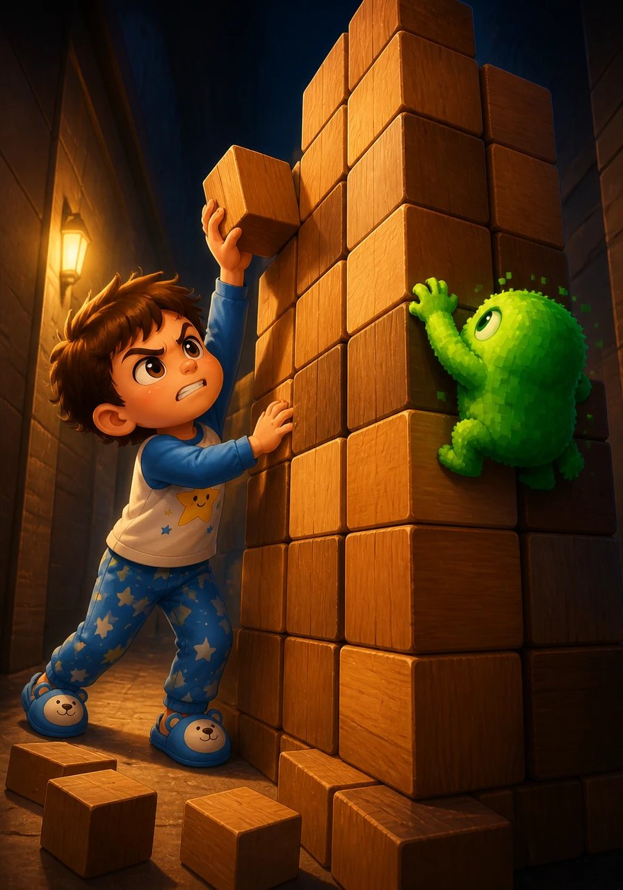 Pour bloquer l'accès au couloir, Léo doit réussir le premier niveau réel en construisant très vite une grande muraille avec ses cubes de bois. Le monstre tente d'escalader la tour, mais la construction de Léo tient bon.