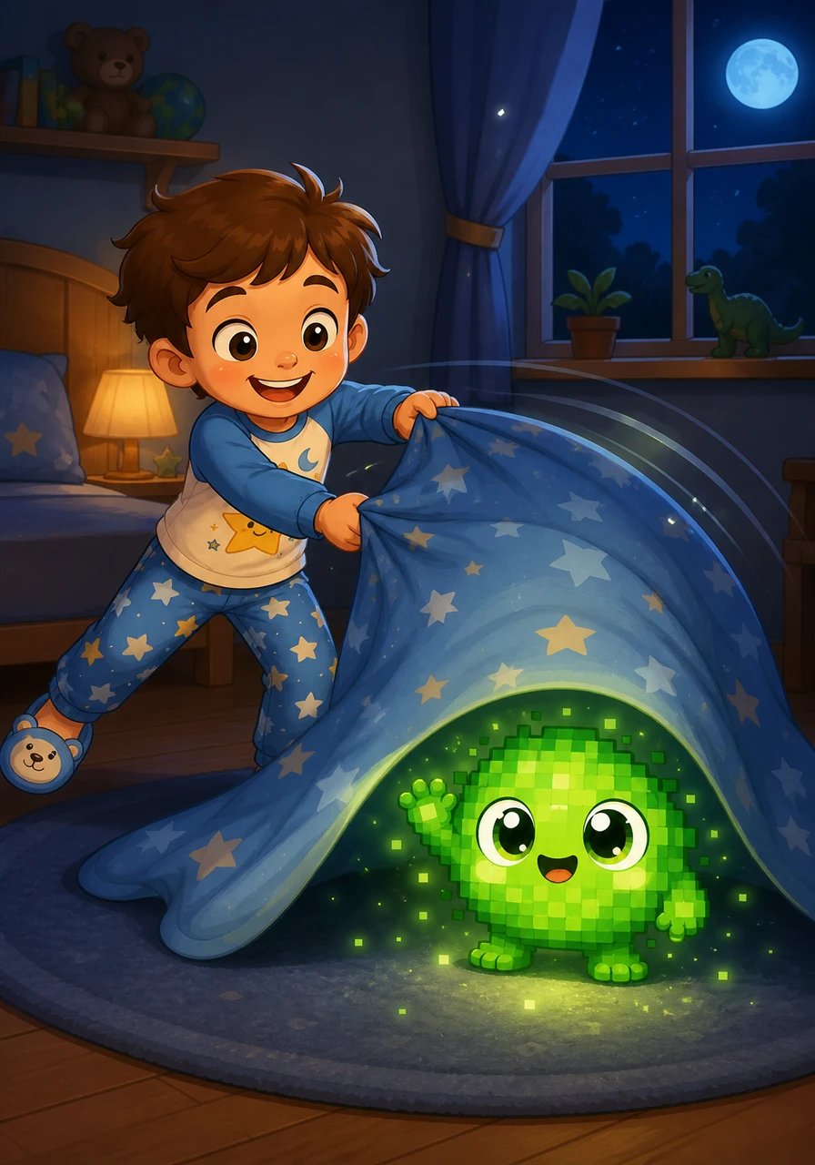 Dans un mouvement rapide, Léo lance sa couette par-dessus la créature lumineuse comme un grand filet magique. Le petit monstre se retrouve coincé sous le tissu et se met à chanter doucement en faisant glousser les pixels.