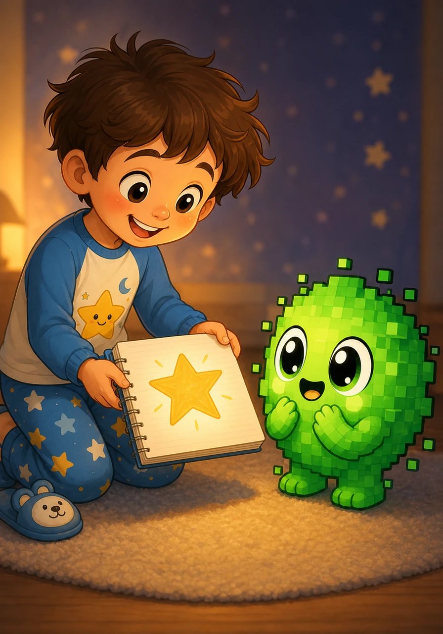 Léo remarque alors que la créature ne veut pas faire de mal, elle a simplement très faim d'étoiles dorées. Ni une ni deux, Léo attrape son cahier et dessine une belle étoile brillante qu'il tend gentiment au petit monstre.