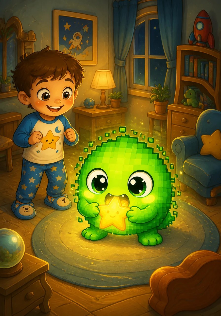 Le petit être de pixels dévore l'étoile dessinée avec joie et se met à rayonner d'une douce lumière apaisante. Au même instant, la magie commence à s'inverser et les meubles retrouvent peu à peu leur forme normale.