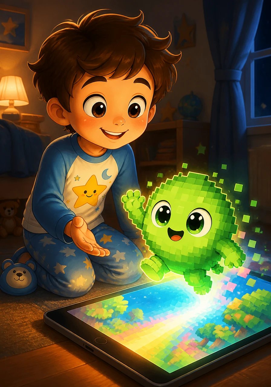 Avec un grand sourire, Léo guide doucement son nouvel ami pixelisé vers l'écran de la tablette. La créature lui fait un petit signe de la patte reconnaissant avant de sauter joyeusement pour retourner dans son monde virtuel.