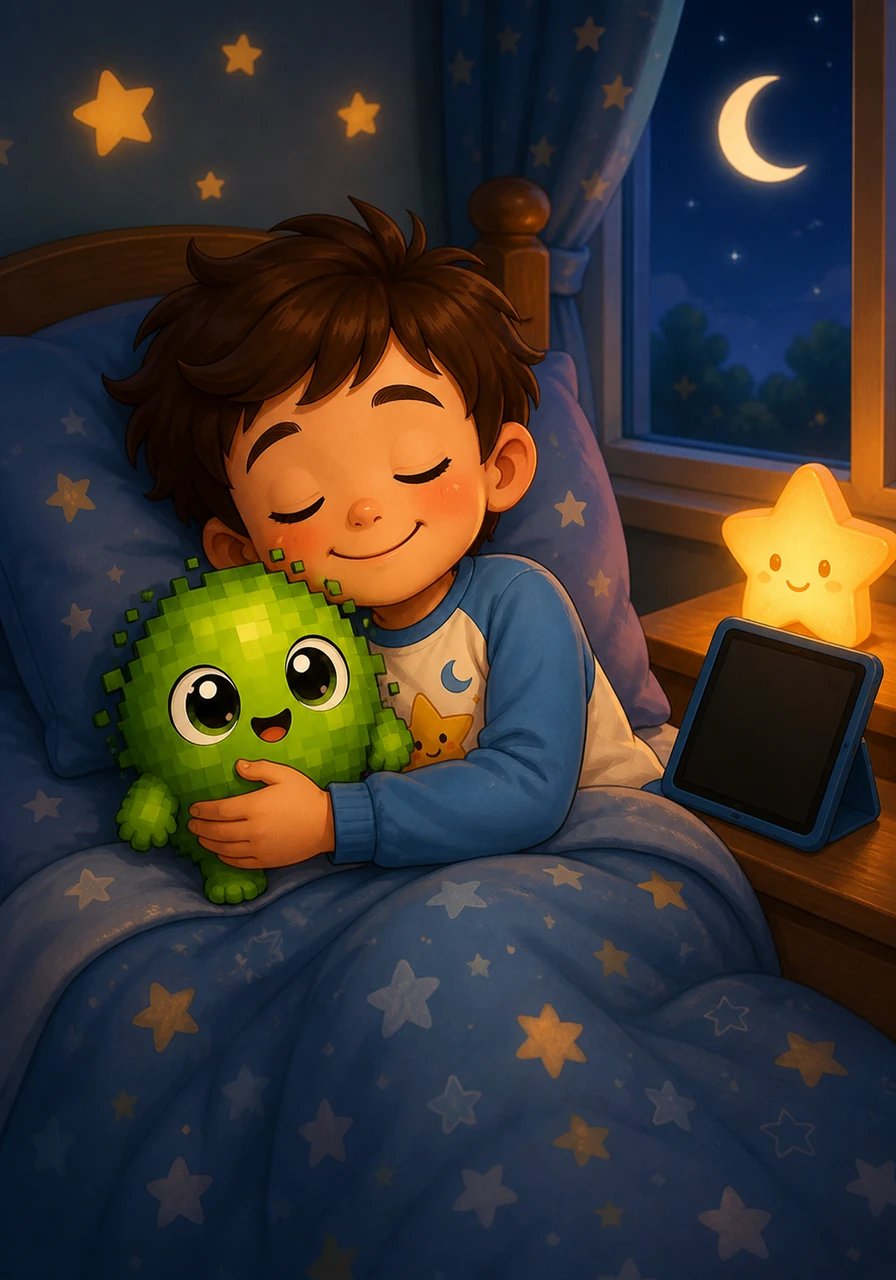Le doudou redevenu doux et moelleux câline Léo qui se glisse enfin sous sa couette rassurante. La tablette s'éteint doucement, laissant le petit héros s'endormir fièrement après avoir accompli la plus belle des parties.