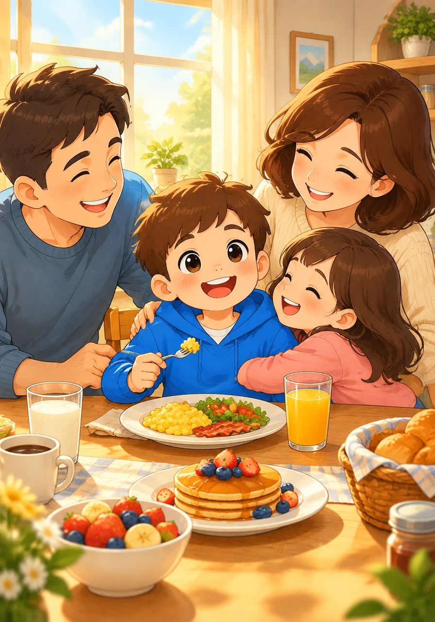 Warm morning sunbeams stream through the window as Leo wakes up to gentle hugs and the sweet smell of breakfast. Sitting around the table with his family, Leo shares laughter and warm morning wishes. Home is a soft, safe place where his heart feels joyful, cozy, and ready for the day ahead.