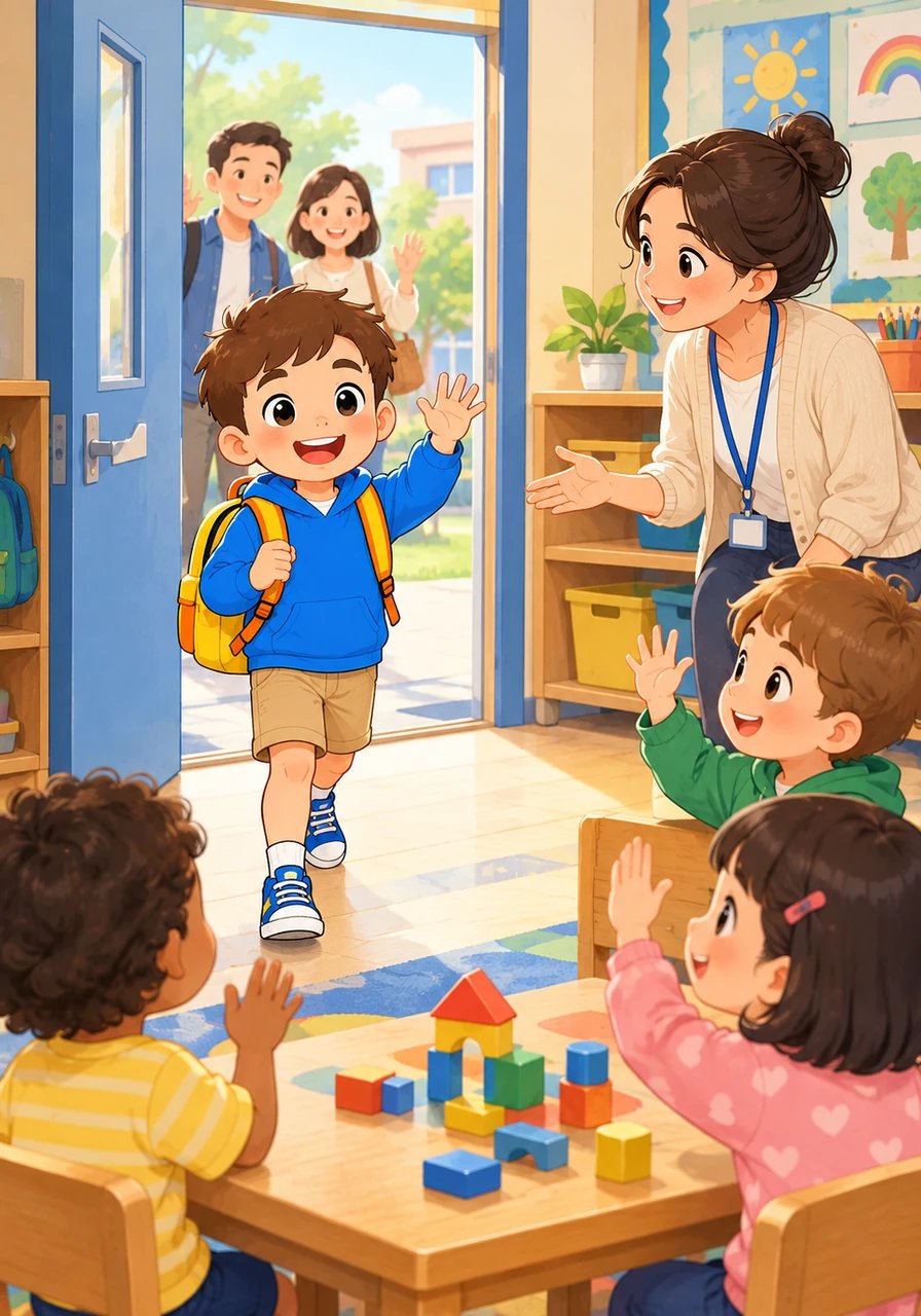 With a bright backpack on his shoulders and a joyful wave to his parents, Leo steps inside his colorful classroom. His kind teacher welcomes him with a warm smile, and his classmates happily invite him to join the wooden block table. School is a bustling world of discovery where brand new adventures and wonderful friendships begin.