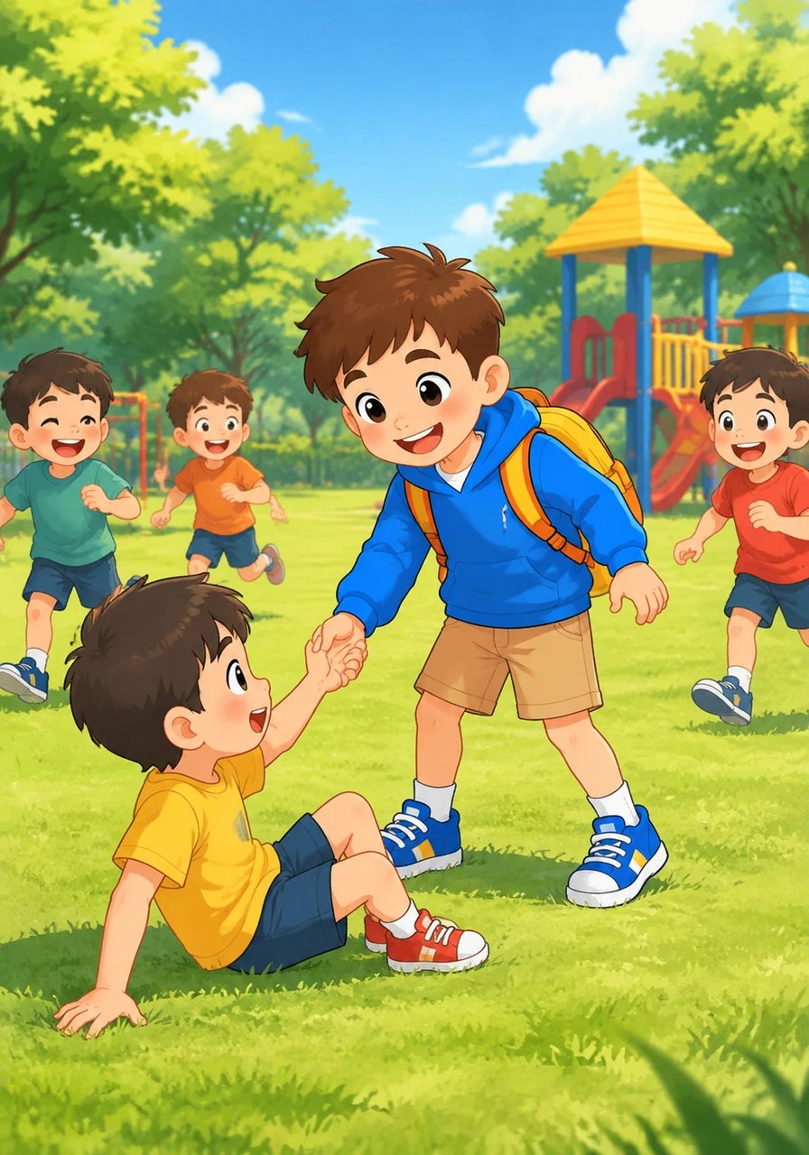 During recess, Leo and his friends play tag across the lush green playground, filling the air with giggles and bright energy. Whenever someone stumbles or feels unsure, gentle hands help them up and happy smiles return in an instant. Leo learns that school is full of caring helpers and joyful moments shared with good friends.
