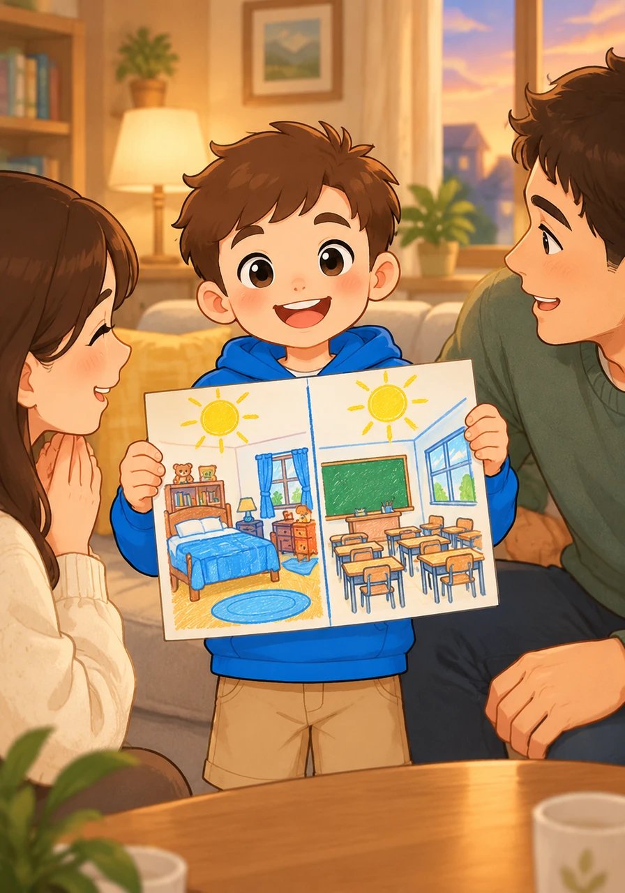 Back home in the peaceful evening light, Leo draws a colorful picture showing his cozy bedroom on one side and his cheerful classroom on the other. He shows his family the bright yellow suns painted over both places. Leo smiles happily, knowing that warmth, comfort, and joy belong to him both at home and at school.