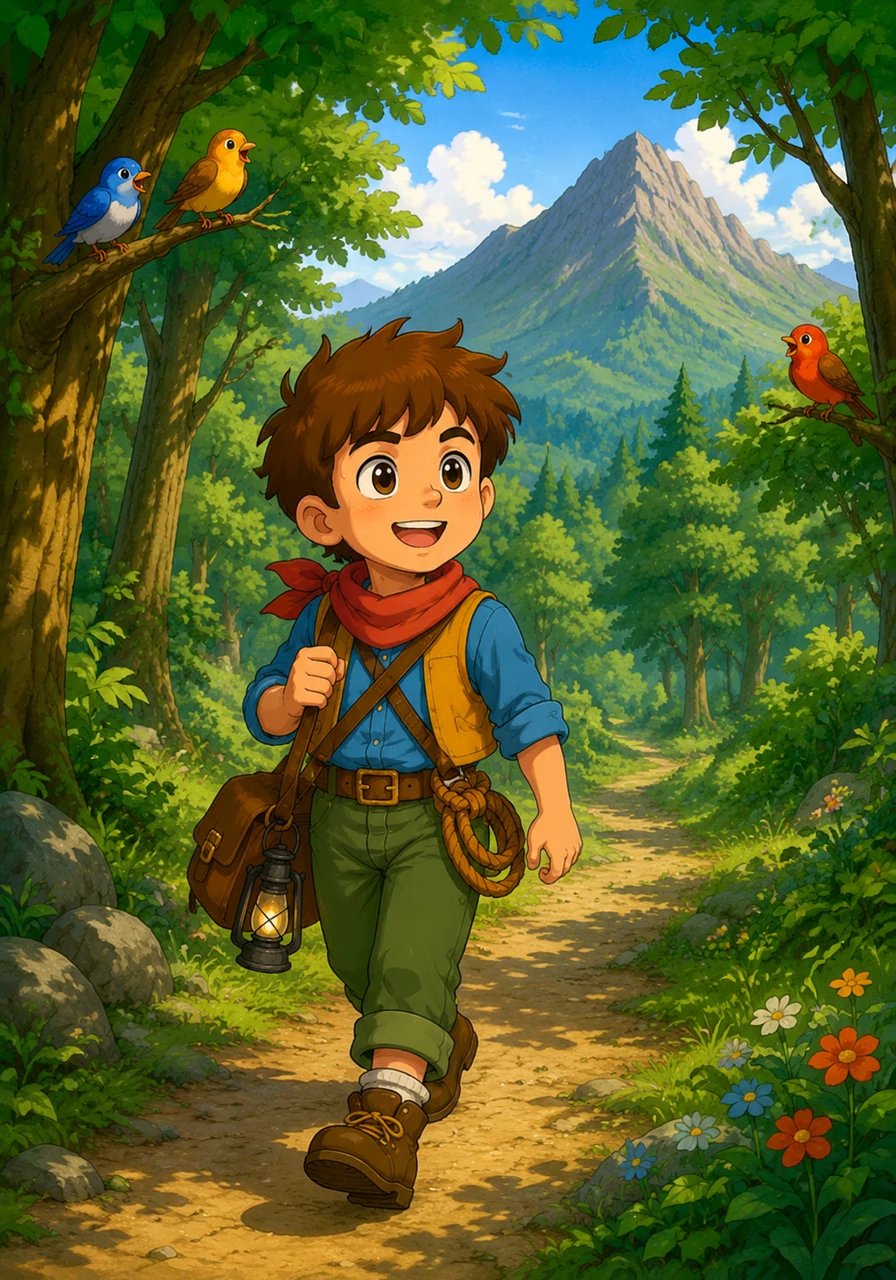 Leo loved his quiet village, nestled safely at the foot of Mount Ember. He spent his days exploring the lush green forests and listening to the cheerful songs of the local birds.