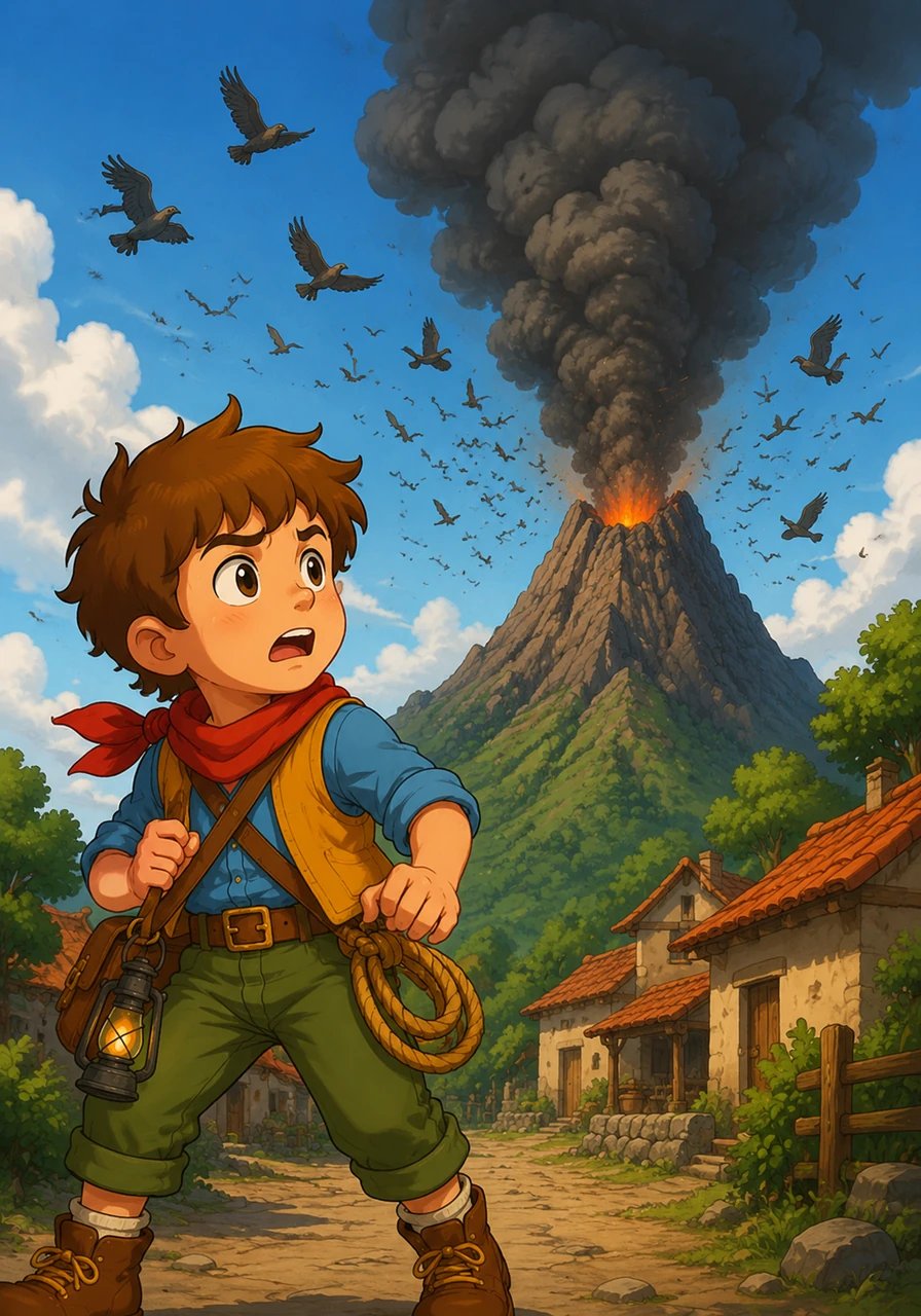 One morning, the ground trembled softly, and a flock of birds suddenly fled from the mountaintop in panic. Leo noticed a thick, dark plume of smoke starting to spiral out from the peak of the old, dormant volcano.