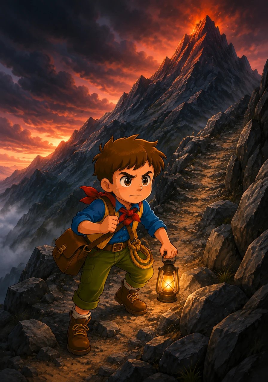 Determined to find proof and protect his home, Leo packed a small bag with a lantern and a rope. He began a lonely, treacherous trek up the steep and rocky slopes of Mount Ember.