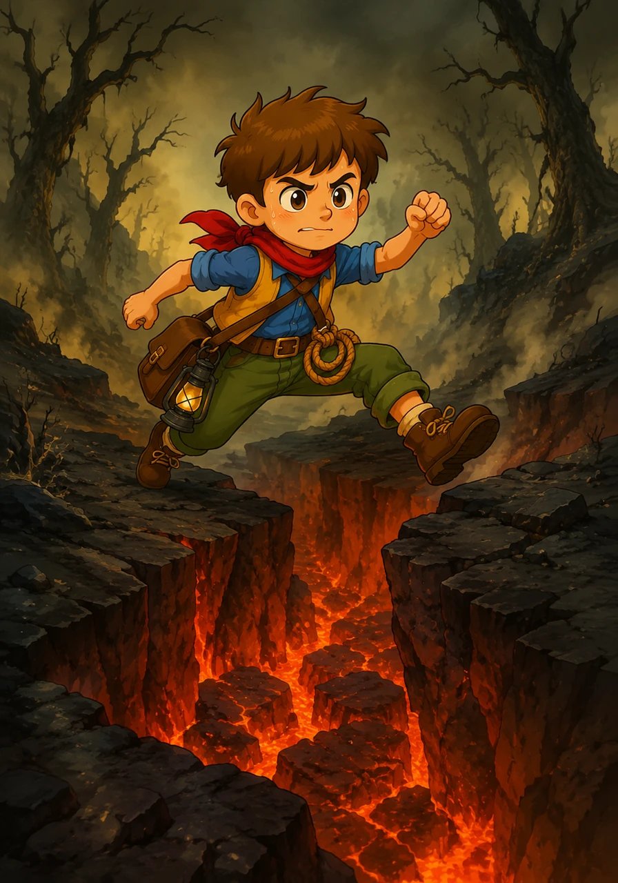 As he climbed higher, the air grew warm and heavy with the scent of sulfur, and the forest grew eerily silent. Leo had to leap across widening cracks in the earth where glowing heat shimmered beneath the stones.