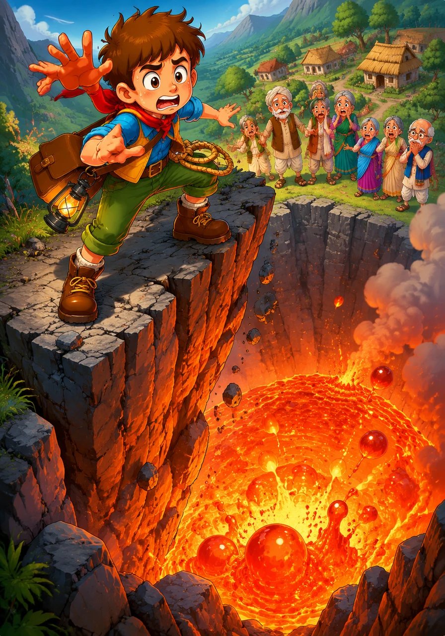 Reaching the majestic peak, Leo peered over the edge into the deep crater and gasped. A bright pool of molten lava was bubbling and rising rapidly, threatening to overflow down toward his unsuspecting village.