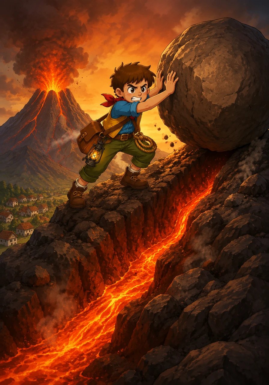 Leo realized he couldn't stop the volcano alone, but he spotted a massive boulder precariously balancing near a natural trench. If he could dislodge it, the rock would alter the path of the lava flow away from the houses below.