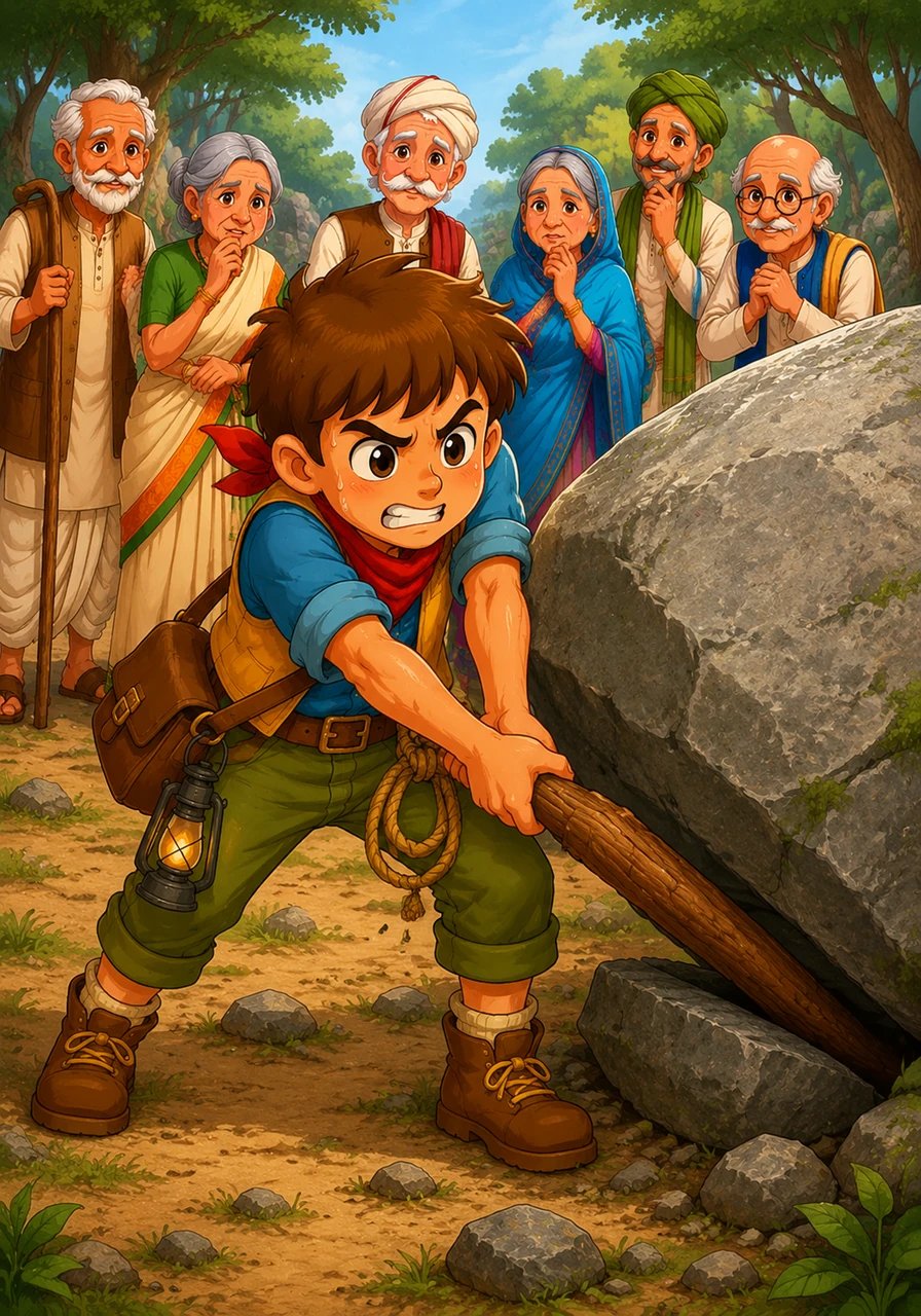 Using a sturdy fallen branch as a lever, Leo pushed with all his might against the giant stone. He strained and sweated, pouring every ounce of his courage and energy into the desperate effort.