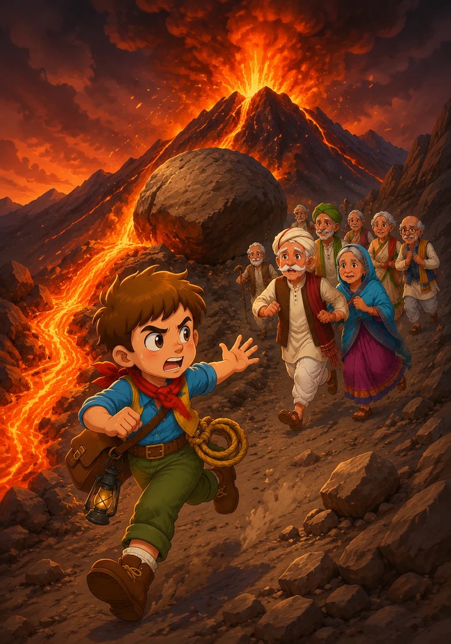 With a loud groan, the boulder finally shifted, tumbling perfectly into place to create a safe channel for the magma. Leo raced back down the mountain slopes, shouting for the villagers to evacuate to the eastern hills just as the eruption began.
