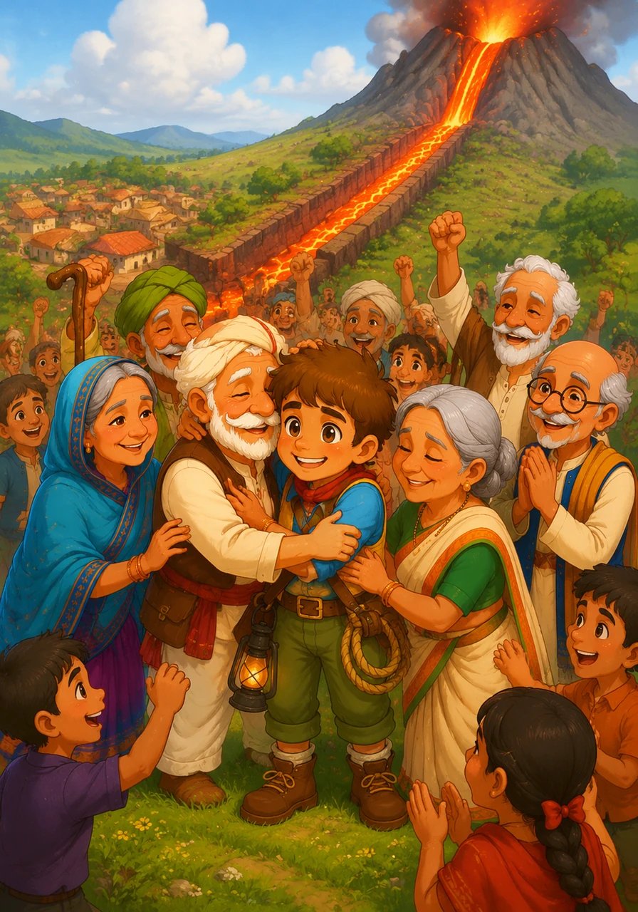From the safety of the high hills, the villagers watched the glowing red lava harmlessly bypass their homes through Leo's trench. They cheered and embraced the brave young boy who had watched over the mountain and saved their entire world.