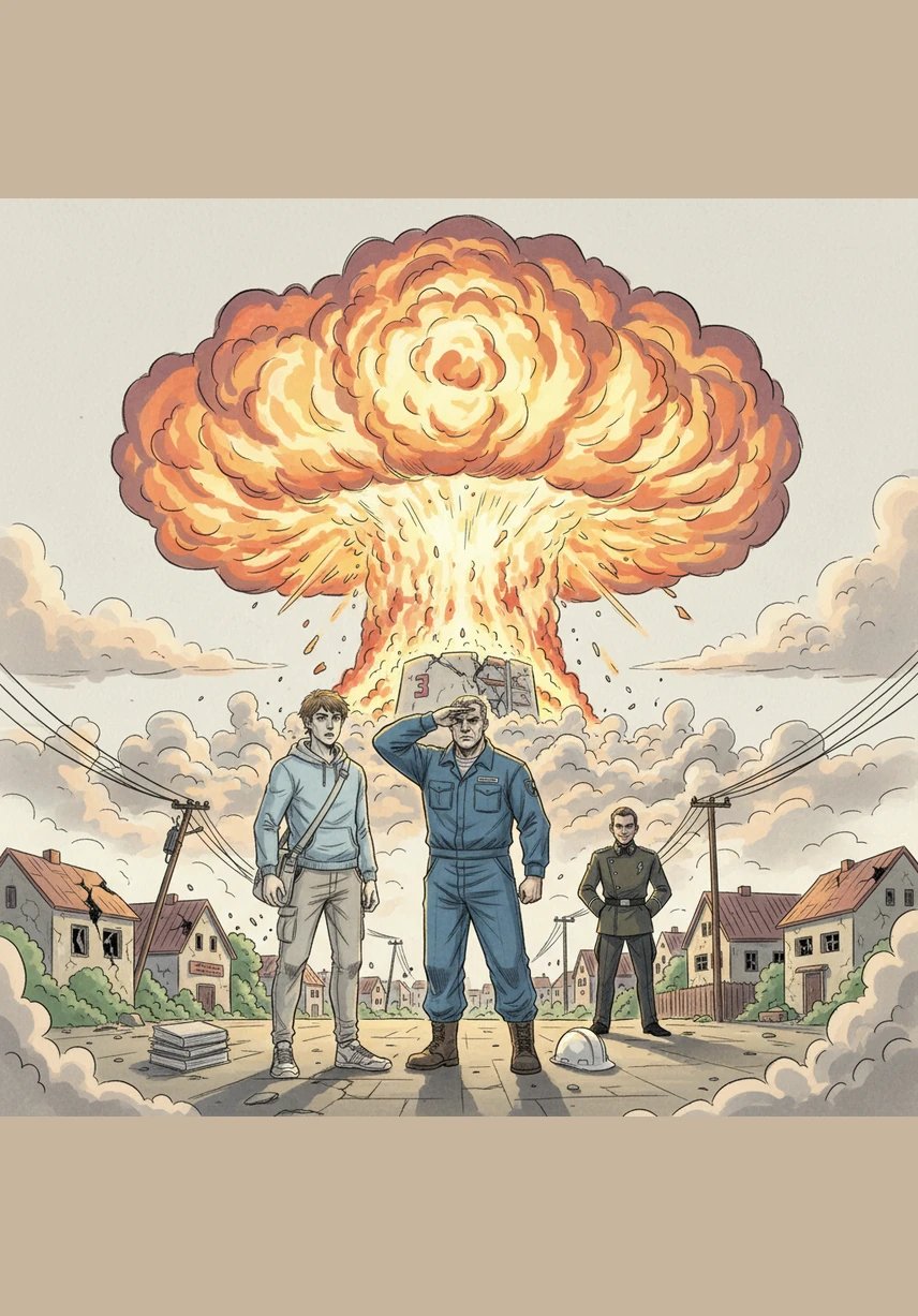 Um Punkt 13:56 Uhr am 13. März 2023 erschüttert eine gewaltige Detonation die Erde, als Reaktor 3 in einem hellen Feuerball explodiert. Ein riesiger Atompilz steigt drohend in den Himmel über Gartenstadt auf und hüllt die Umgebung in einen unheimlichen Schatten.