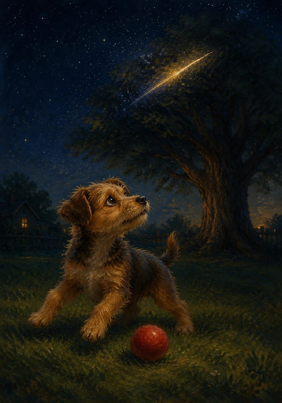 Under a velvety sky full of twinkling stars, Luca, a curious little dog, was happily playing in the backyard with his bright red ball. Just as he tossed his toy, he noticed a streak of light race across the sky and disappear behind the ancient oak tree in the meadow.