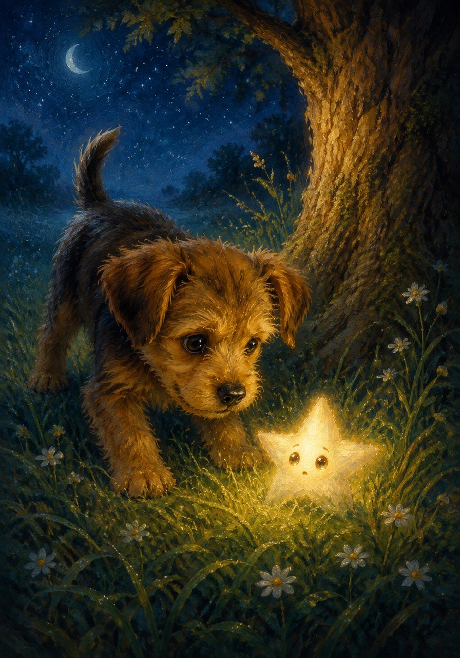 Curious and a little brave, Luca decided to investigate, sniffing his way toward the tree. In the tall, dewy grass, he found not a toy, but a tiny, luminous star, glowing with soft, pale light, looking very small and slightly lost on the Earth.