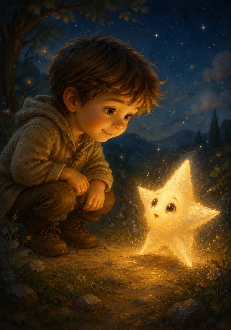Luca approached gently, and the little star, seeing a friendly face, began to pulse brightly. To his surprise, the star whispered in a tiny, twinkling voice that it was named Nova and had fallen from its constellation and couldn't fly back up.