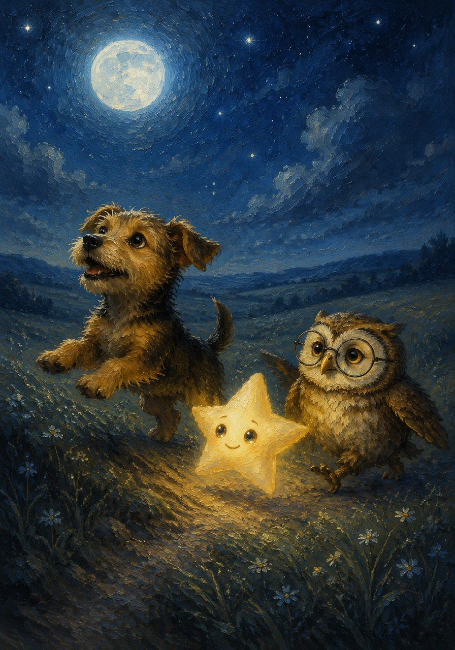 Determined to help his new friend, Luca tried everything he could think of, including barking up at the distant sky and even attempting some very optimistic jumps. Realizing they couldn't do this alone, they set off across the moonlit fields, looking for wisdom and aid.